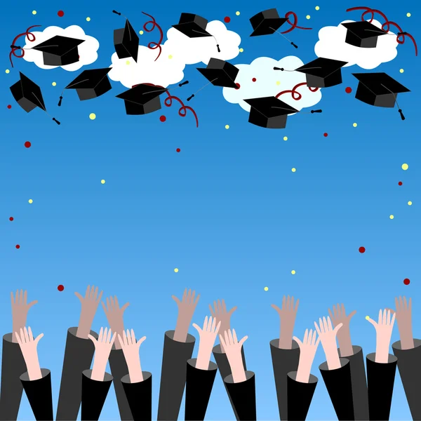 Graduate Hands Throwing Up Graduation Hats. Antecedentes de graduación con lugar para texto. Tapas de graduación en el aire . — Archivo Imágenes Vectoriales