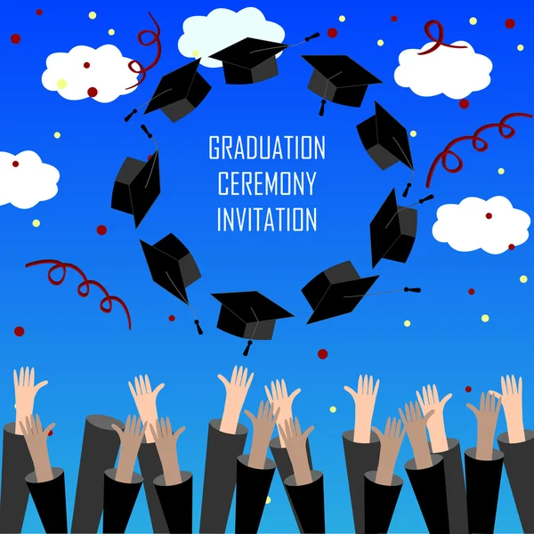 大学院手卒業の帽子を投げます。卒業の背景。空気で卒業キャップ. — ストックベクタ