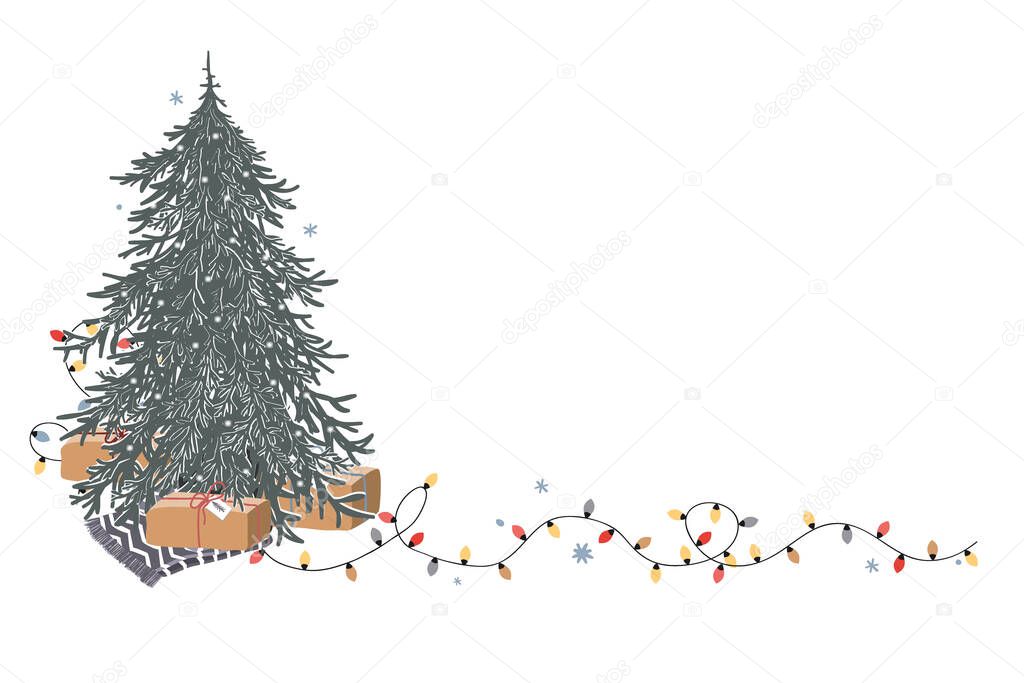 Christmas corner composition with place for text. Fresh undecorated Xmas tree, gift box, and bright lights on white background. Holiday greeting card, cartoon vector illustration