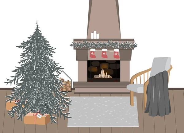 Новогодний интерьер, векторная иллюстрация. Рождественская праздничная атмосфера. Домашний уют, празднование Рождества, зимние праздники. Рождественская елка и камин в номере — стоковый вектор