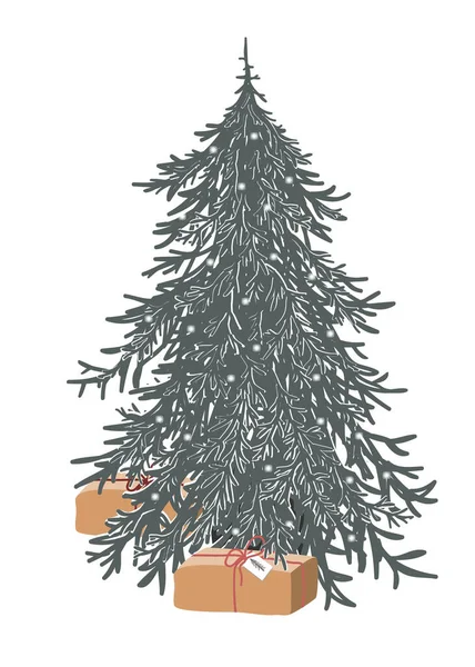 Handgezeichneter, mit Lichtern geschmückter Weihnachtsbaum. Feiertagssymbol. Cartoon-Skizzenelement, bunter Weihnachtsbaum isoliert auf weißem Hintergrund. Vektorillustration — Stockvektor