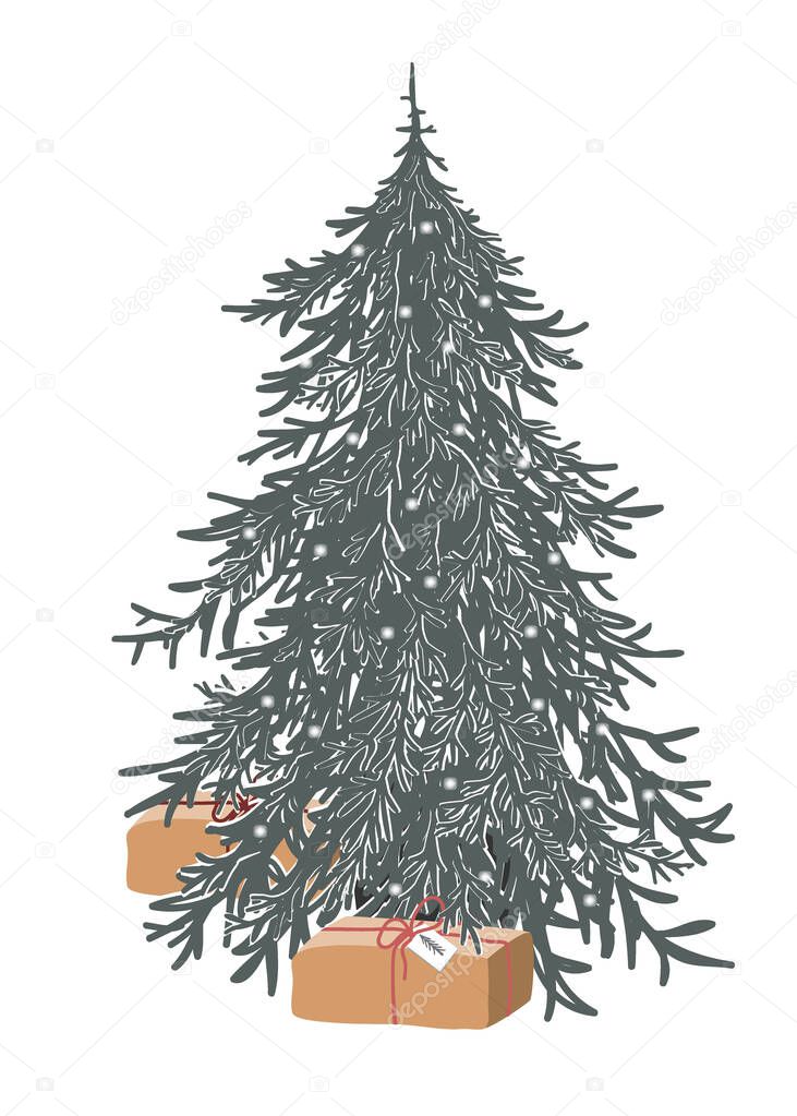 Hand drawn Merry Christmas tree decorated with lights. Holiday symbol. Cartoon sketch element, colorful Xmas tree isolated on white background. Vector illustration