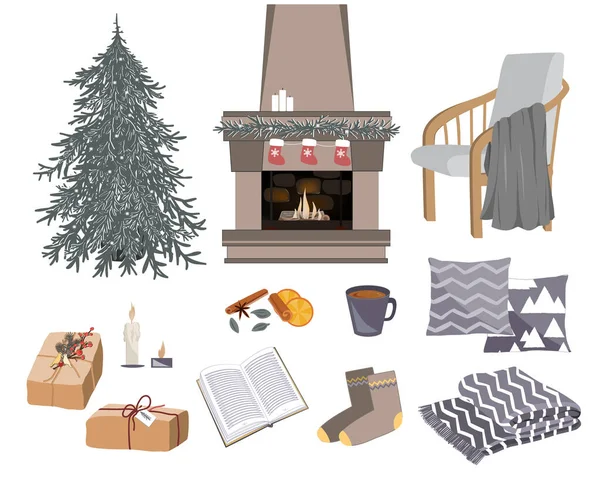 Vector acogedor conjunto de invierno con chimenea, silla, regalos, almohadas y otras cosas hygge. Calentamiento de objetos ilustración. Artículos para estaciones frías aislados sobre fondo blanco — Vector de stock