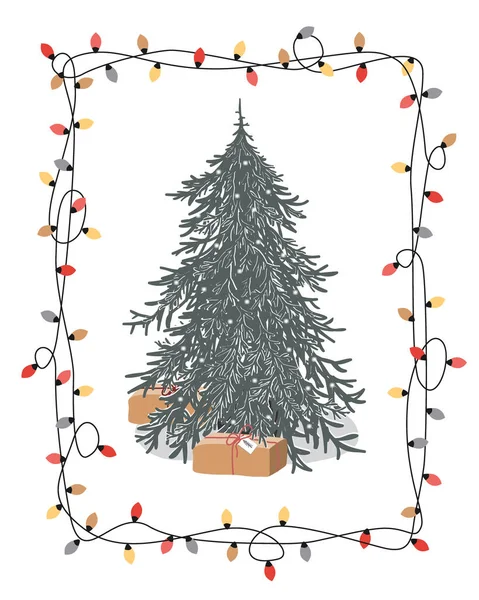 Feliz árbol de Navidad con cajas de regalo en marco de bombillas de Navidad. Tarjeta de felicitación de vacaciones de invierno. Ilustración vectorial — Vector de stock