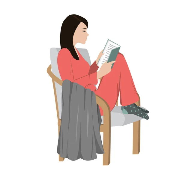 Jonge vrouw die een boek leest en thuis op een comfortabele stoel zit. Vectorillustratie — Stockvector