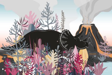 Triceratops dinozorları ormanlık alandan göle doğru yürüyorlar. Volkan manzarası arka planı. Vektör illüstrasyonu