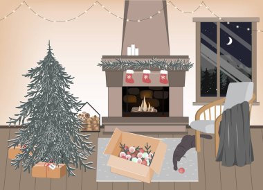 Yeni yıla hazırlık iç mimarisi, vektör çizimi. Neşeli atmosferi olan boş bir Noel odası. Ev konforu, İskandinav Xmas 'ı, kış tatili karışımı. Noel ağacı ve şömine
