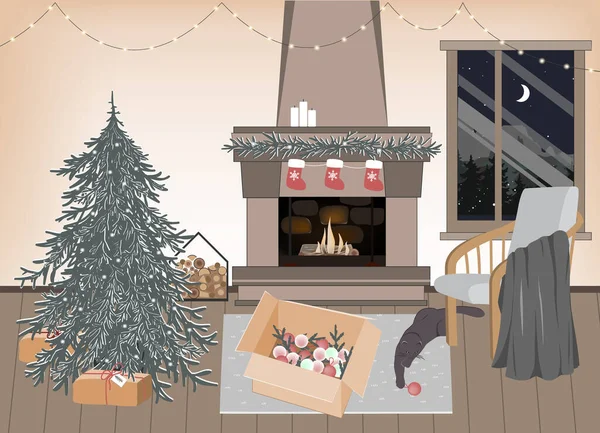 Новогодняя подготовка интерьера, векторная иллюстрация. Пустая рождественская комната с праздничной атмосферой. Домашний уют, скандинавские Рождества, зимние праздники. Рождественская елка и камин — стоковый вектор
