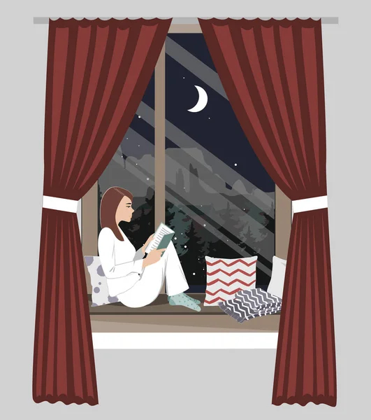 Vrouw die bij het nachtraam zit en het boek leest. Vector illustratie. Wintersneeuwlandschap buiten — Stockvector