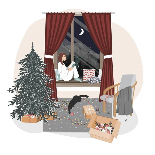 Ein nettes entspanntes Mädchen sitzt auf einer Fensterbank und liest. Hygge-Weihnachtsstimmung mit Neujahrsbaum, spielender Katze und Winterfensterlandschaft. Weihnachten Interieur Vektor Illustration — Stockvektor