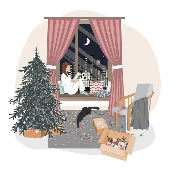 Uma menina relaxada bonito sentado em um peitoril da janela e leitura. Hygge humor xmas com árvore de ano novo, jogando gato, e paisagem janela de inverno. Natal interior vetor ilustração ou cartão de saudação — Vetor de Stock