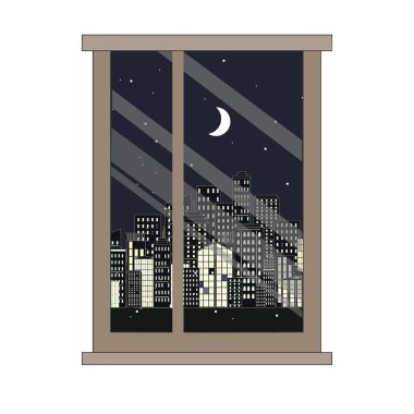 Pencere ve gece manzarası. Düz biçim vektör illüstrasyonu.