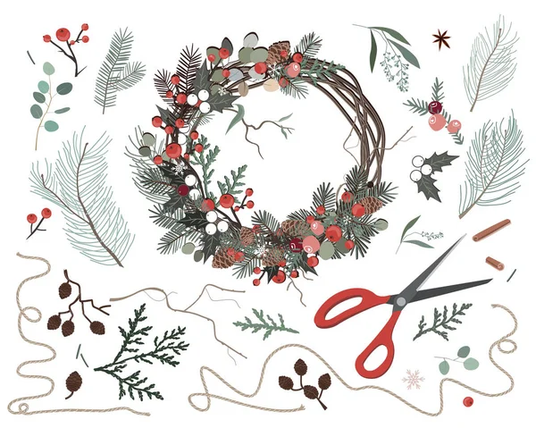 Componentes de la naturaleza Corona de Navidad hecha de decoraciones ecológicas naturales. Ilustración vectorial. Fabricación de decoración de Navidad — Vector de stock