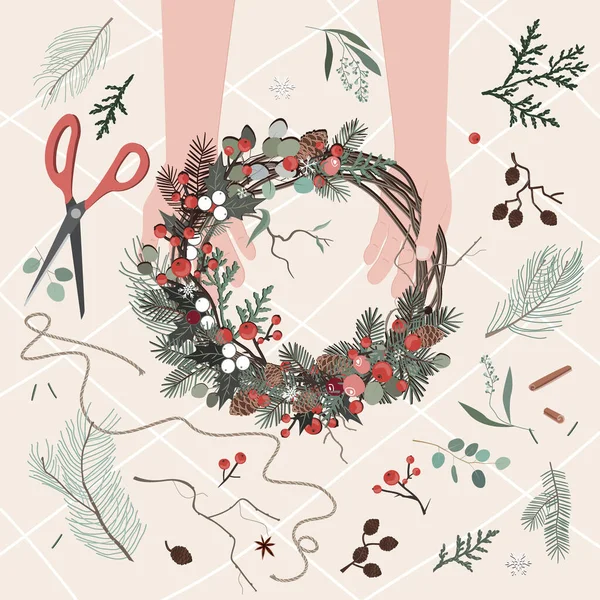 Ansicht von Floristen Hände machen Weihnachtskranz mit Tannenzweigen und dekorativen Blumenzweigen und Beeren. Vektorillustration — Stockvektor