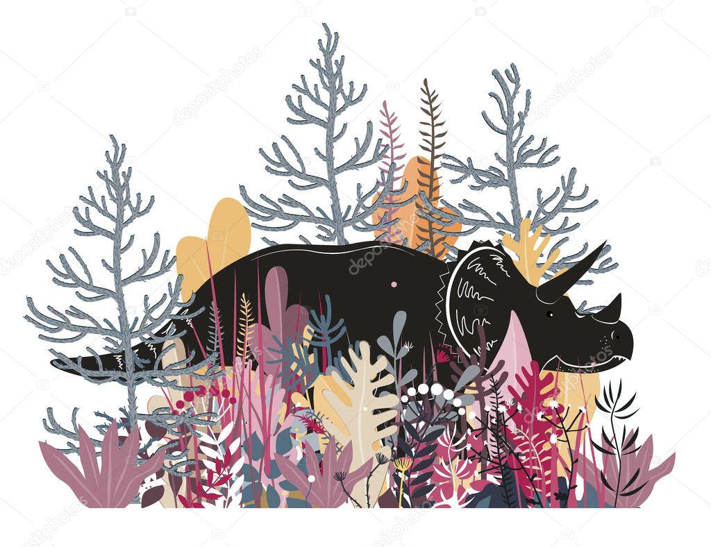 Cute Triceratops in the jungle. Dinosaur in the rainforest, vector illustration. Happy dino character cartoon art isolated on white background