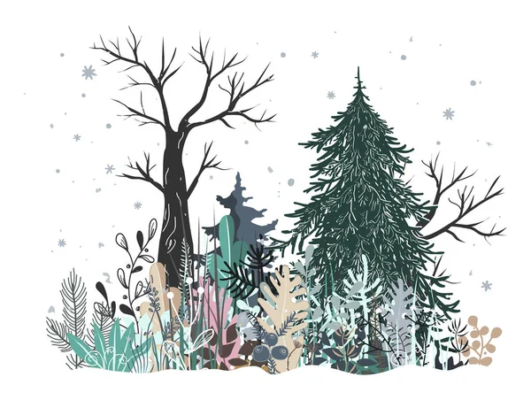 Пейзаж Зимнего леса с соснами, елкой и травой. Векторная иллюстрация — стоковый вектор