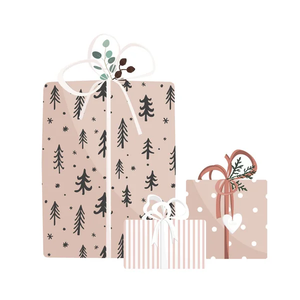 Weihnachten und Neujahr handgezeichnete Geschenke auf weißem Hintergrund. Set von niedlichen Geschenkboxen. Vektorillustration. Sammlung von Weihnachts- oder Geburtstagsgeschenken — Stockvektor