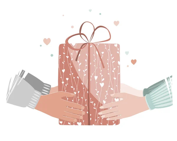 Doodle ilustración de manos de hombre y mujer dando regalo de San Valentín. Hombre dando caja de regalo a una mujer. Ilustración vectorial — Archivo Imágenes Vectoriales