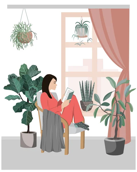 Niña sentada en un cómodo sillón y leyendo un libro en una habitación llena de plantas. Una mujer que pasa el fin de semana en casa. Ilustración vectorial coloreada en estilo plano de dibujos animados — Archivo Imágenes Vectoriales