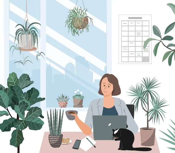 Happy woman working at her desk with laptop. Cozy and comfortable atmosphere with a cat, plants, and tea. Vector illustration of a business lady working at home. Lockdown and quarantine work concept — Stock Vector