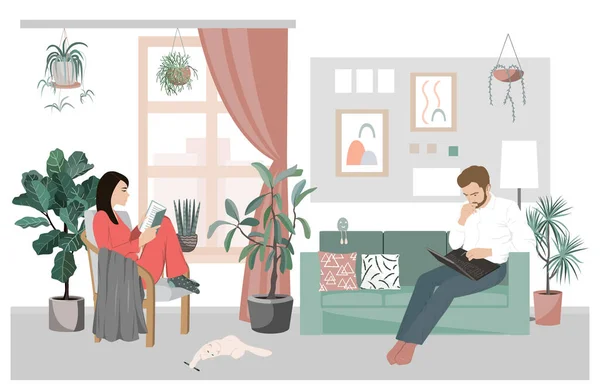 Couple of young people working and studying at home. Man working on a laptop while sitting on the sofa and woman reading a book in a chair. Lockdown and quarantine working and home — Stock Vector