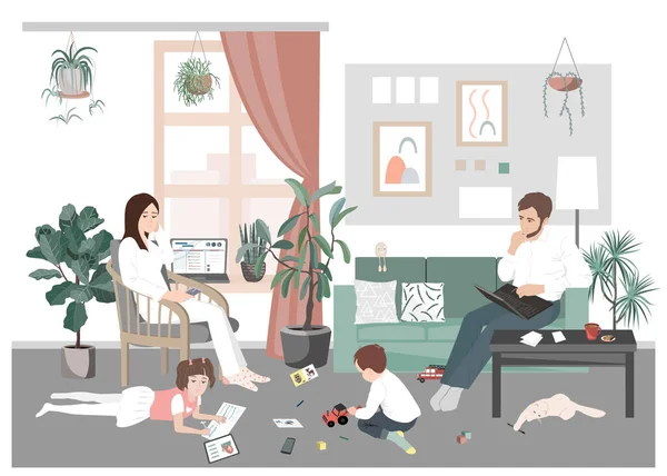 Young family couple and kids stay home and have distant work and learning during pandemic. Young parents with sons and daughter have remote job. Online business with children in quarantine. — Stock Vector