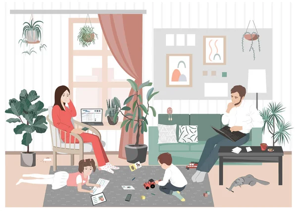 Young family couple and kids stay home and have distant work and learning during pandemic. Young parents with sons and daughter have remote job. Online business with children in quarantine. — Stock Vector