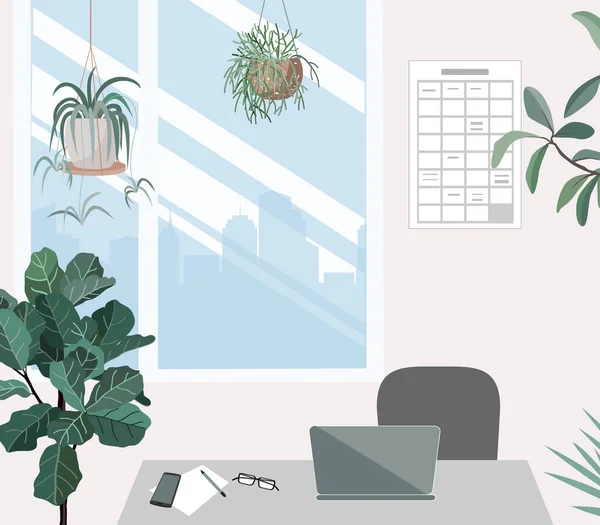 Moderno lugar de trabajo con silla, mesa, cuaderno, ventana y plantas. Interior vacío de la oficina en casa. Nadie en el gabinete. Lugar de trabajo para cuarentena y encierro. Ilustración vectorial aislada en blanco — Archivo Imágenes Vectoriales