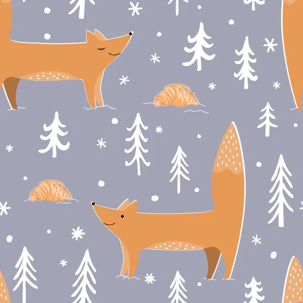 Bonitos zorros, bosque de invierno y croissants. Acogedora textura repetida, impresión infantil para la tela de los niños y papel de envolver. Patrón sin costura vectorial con animales silvestres del bosque, ilustración de Navidad — Vector de stock