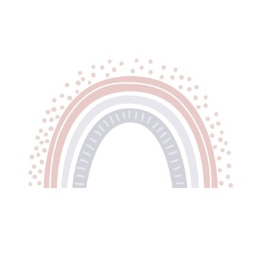 Çocuklar için beyaz arka planda izole edilmiş karikatür İskandinav tarzı gökkuşağı vektörü. Posterler, baskılar, kartlar, kumaş, çocuk kitapları, iç tasarım için sevimli el çizimleri