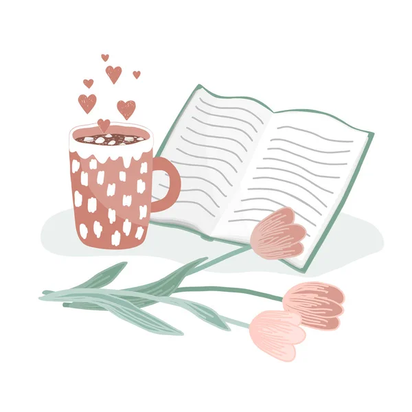 A cup of hot cocoa with marshmallow, open book, and tulips. Concept of love, hygge, and happy morning. Hand drawing vector illustration — Stock Vector