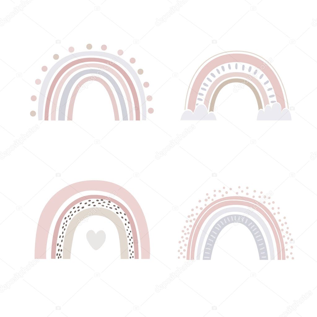 Abstract rainbows hand drawn set. Color Scandinavian bows decorative doodles, vector illustration