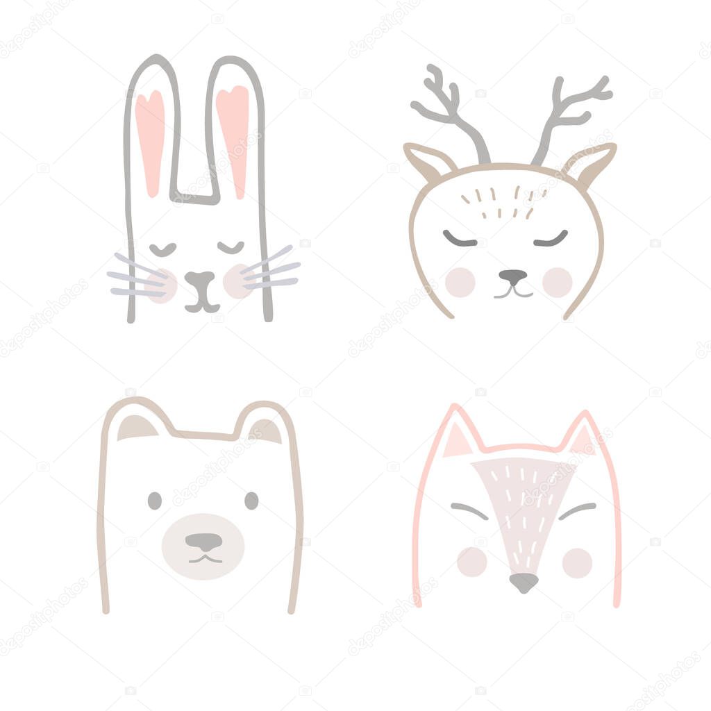 Set of forest animals in hand drawn Scandinavian style. Cartoon vector illustration depicting a Fox, Hare, Deer, and Bear for printing on fabric, postcard, dishes, clothes, book. Cute baby background