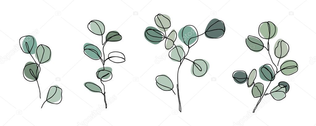 Set of Eucalyptus branches in modern single line art style. Continuous line drawing, aesthetic contour for home decor, posters, wall art, cards, packaging. Floral logo or icon vector illustration.