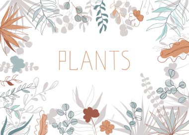 Sürekli çizim tarzında çiçek vektör illüstrasyonu. Metin için arkaplanda kopyalama alanı olan bitkiler ve yapraklar