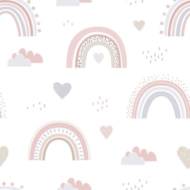 Elle çizilmiş gökkuşağı ve kalplerle kusursuz çocuksu bir düzen. Kumaş, ambalaj, tekstil, duvar kağıdı ve giysi için yaratıcı İskandinav çocuk dokusu. Vektör illüstrasyonu