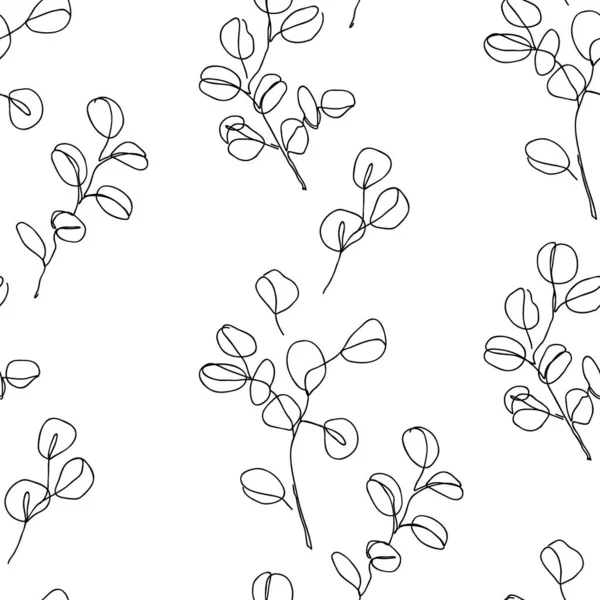 Ramas de eucalipto en estilo moderno de arte de una sola línea, patrón sin costuras. Dibujo de línea continua, contorno estético para textil, embalaje, papeles pintados, papel de envolver. Ilustración vectorial — Vector de stock