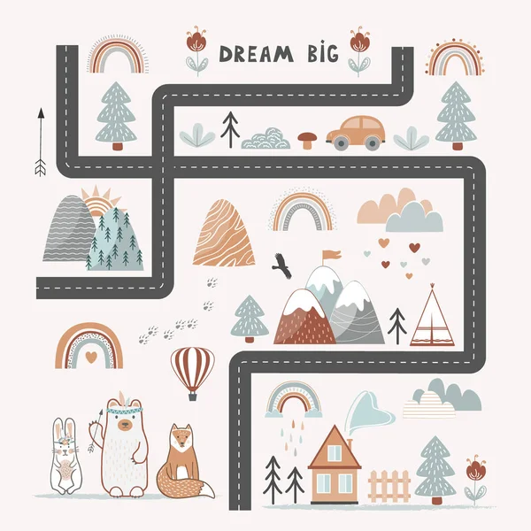 Dream Big, Little One - pôster bonito para crianças, jogando tapete ou tapeçaria em estilo escandinavo. Road, Mountains and Woods Adventure Map (em inglês). Creche Monocromático Impressão, ilustração vetorial —  Vetores de Stock