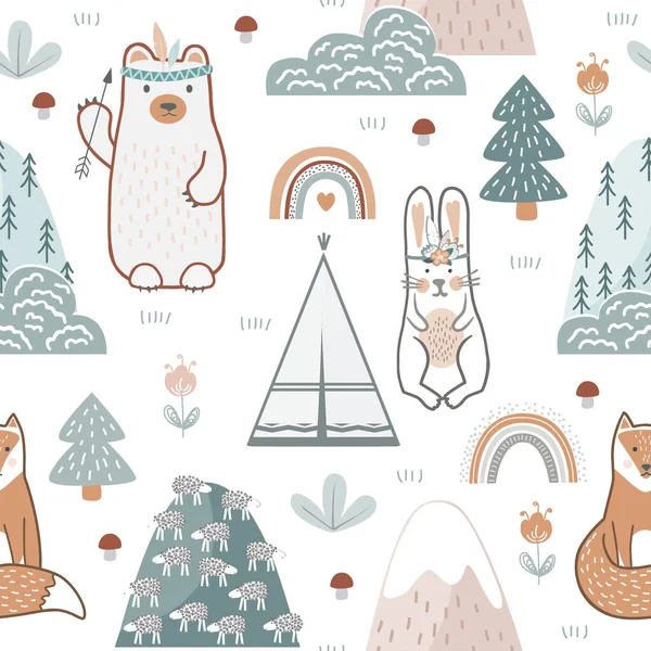 かわいい森の動物、花、木とシームレスなパターン。赤ちゃんの服やインテリアのための北欧スタイルの保育園の背景のための子供のプリント。パステルカラーのベクトル漫画イラスト — ストックベクタ