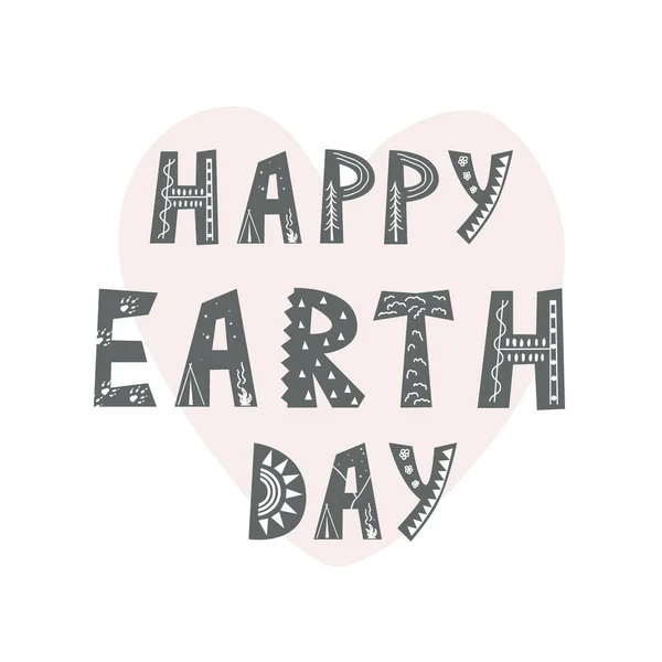 Happy Earth Day letras desenhadas à mão em estilo escandinavo, fundo dos desenhos animados. Ilustração vetorial para cartão, banner, cartaz —  Vetores de Stock