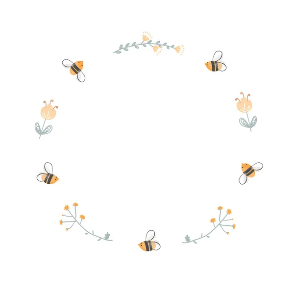 Rond doodle frame van bijen en bloemen. Logo ontwerp voor honing-en bijenkwekerijen, bijenhouders, en bijenteelt producten verpakking. Vector cartoon illustratie — Stockvector