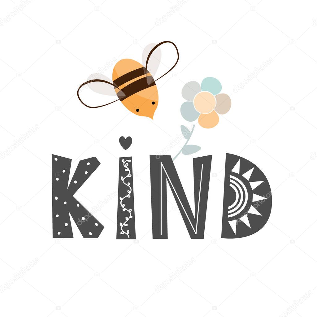 Bee Kind cartoon illustration in Scandinavian style. Kindness, Social Awareness, Encourage concept. Vector Art isolated on white