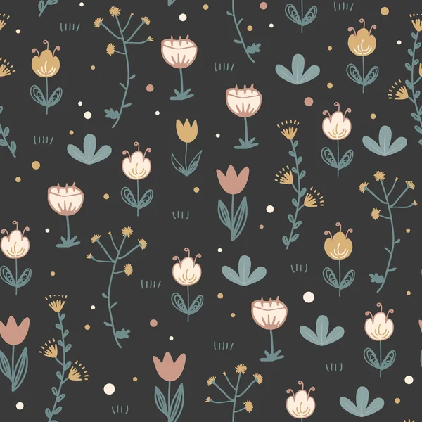 Doodle bloemen naadloos patroon. Scandinavische stijl print met schattige bloemen op donkere achtergrond. Trendy vector vrolijke illustratie, textiel en briefpapier ontwerp — Stockvector