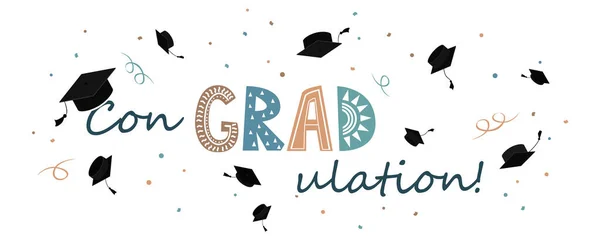 Felicitaciones por la pancarta de graduación, gorra de graduación con letras de congradulación en estilo escandinavo. Tarjeta de felicitación para fiesta de graduación — Archivo Imágenes Vectoriales