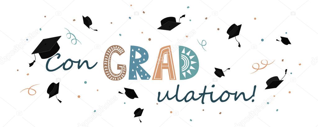 Congratulations on graduation banner, graduate cap with congradulation lettering in Scandinavian style. Greeting card for graduation party