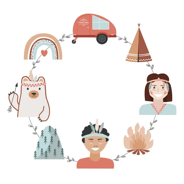 Concepto de camping para niños en estilo tribal, marco de aventura con lugar para texto. Recreación y fondo de viaje al aire libre, ilustración vectorial — Archivo Imágenes Vectoriales