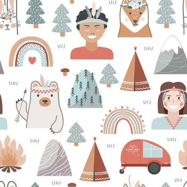 Handritat sömlöst mönster med sommarcampingutrustning och barn klädda i stamstil. Släp, träd och djur i skandinavisk stil. Tecknad bakgrund — Stock vektor