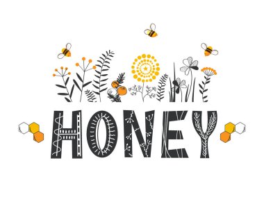 Arılarla ve karalama çiçekleriyle çevrili bal harfleri. Beyaz arkaplanda vektör biçimlendirilmiş arkaplan, bal logosu