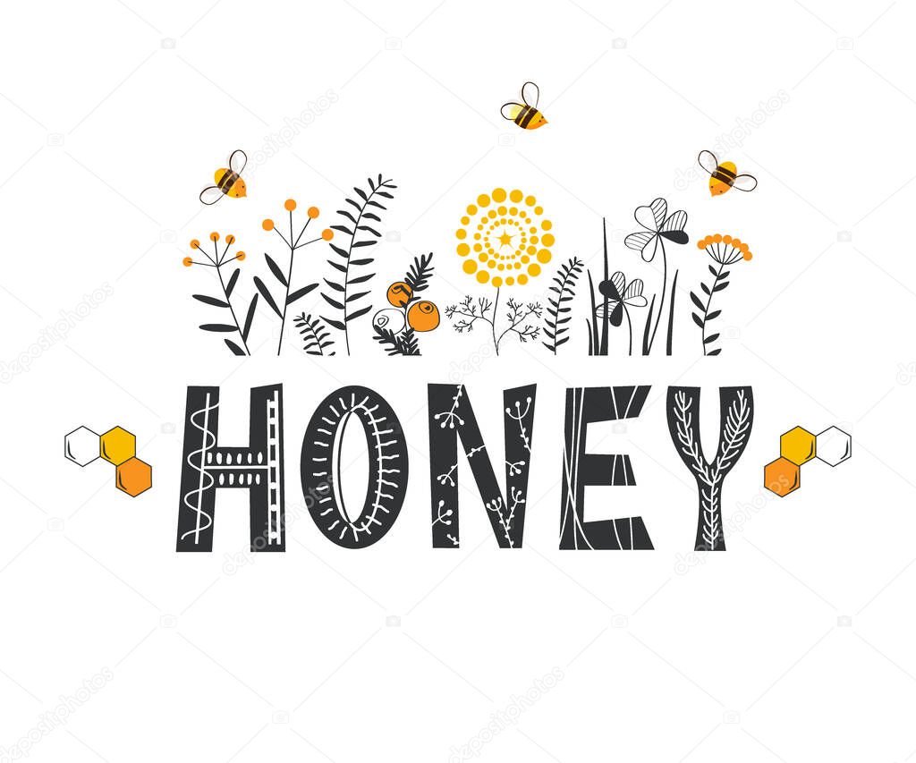 Honey lettering surrounded by bees and doodle flowers. Vector stylized background on a white background, honey logo
