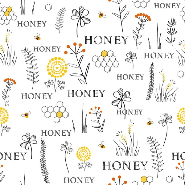 Elle çizilmiş yabani otlar, çiçekler ve yapraklarla kusursuz bir arka plan. Doodle tarzı çiçek çizimi — Stok Vektör